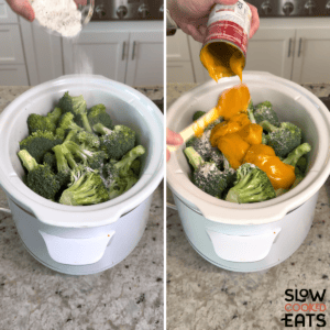 Adding broccoli, ranch seasoning mix, and cheddar cheese soup to a white oval slow cooker to make crockpot broccoli cheese casserole.