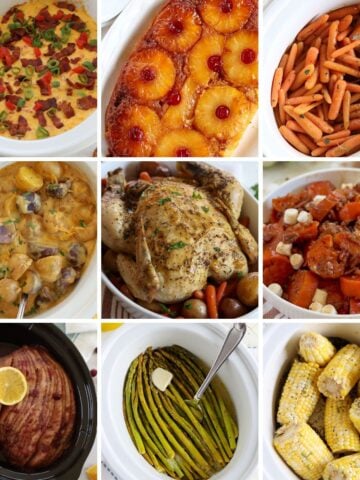 Featured image showcasing nine different dishes like vegetables, desserts, and main dishes you can make in the crockpot for Easter.