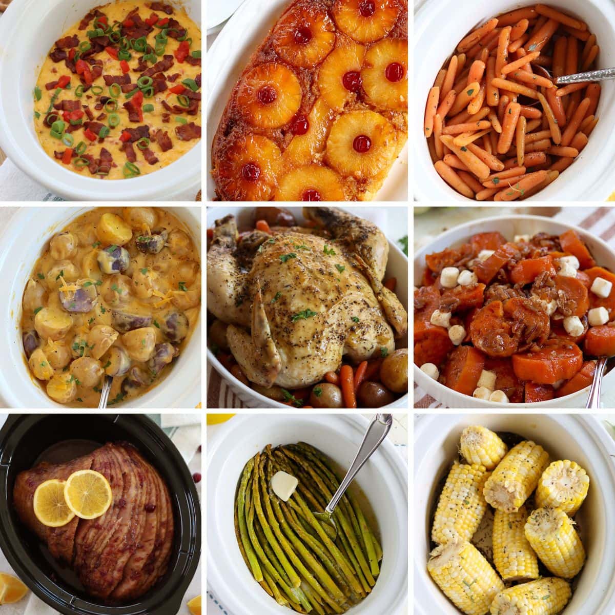 Featured image showcasing nine different dishes like vegetables, desserts, and main dishes you can make in the crockpot for Easter.
