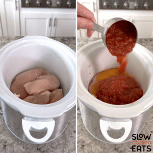 Adding chicken breasts, seasoning and salsa to a white oval crockpot to make the best slow cooker queso chicken tacos.