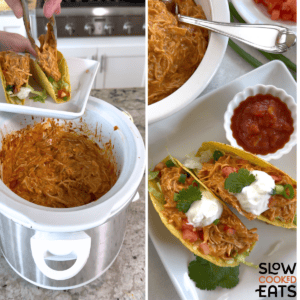 Topping two hard shell tacos with the shredded chicken mixture, adding sour cream, cilantro and green onion, and then serving on a white square plate