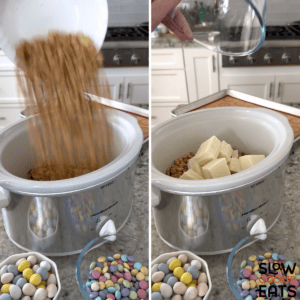 Adding the nuts and chocolate to the white oval slow cooker for crockpot Easter candy clusters.