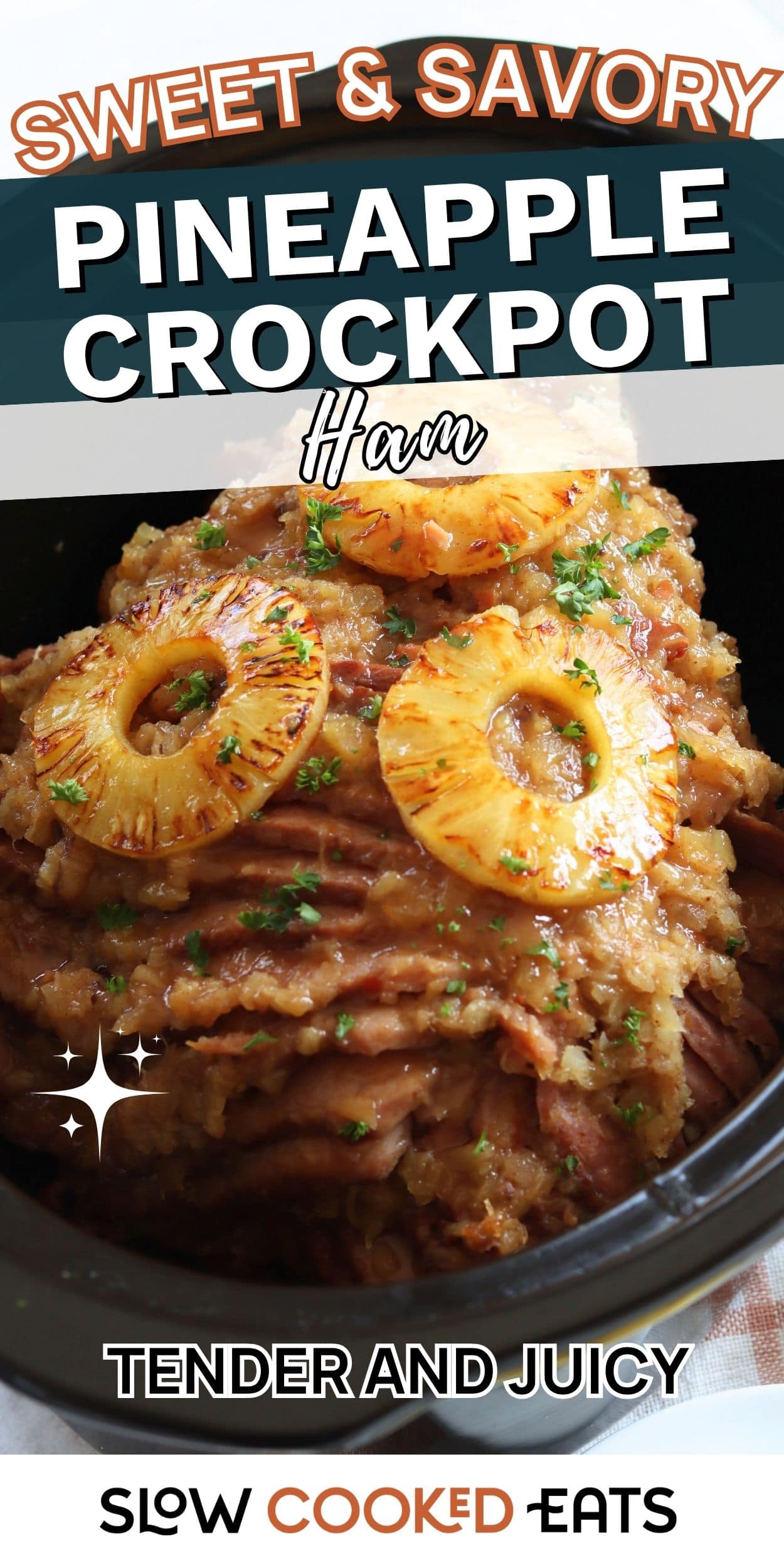 Tender pineapple crockpot ham topped with caramelized pineapple rings in a slow cooker. A cozy holiday ham in crockpot recipe perfect for Easter or Christmas dinner.