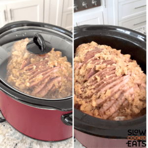 Placing the lid on a black oval slow cooker and cooking the pineapple crockpot ham until done.