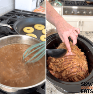 Reducing the pot juices until thickened in a silver stockpot on the stove, and then pouring over the top of the pineapple crockpot ham.