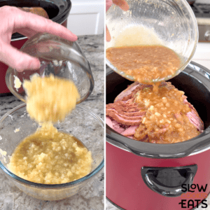 Mixing the ingredients for the brown sugar crushed pineapple sauce for pineapple crockpot ham in a clear bowl and then pouring over the top of the ham in a black oval slow cooker.