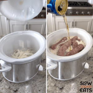 Adding he onions, seasoning, bratwurst, and beer to a white oval slow cooker.