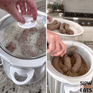 Placing the lid on a white oval slow cooker to make beer brats crockpot recipe until they are done, then removing from the slow cooker.