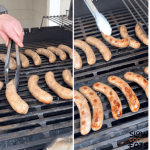 Placing the beer brats crockpot on a grill to finish and add char before serving.