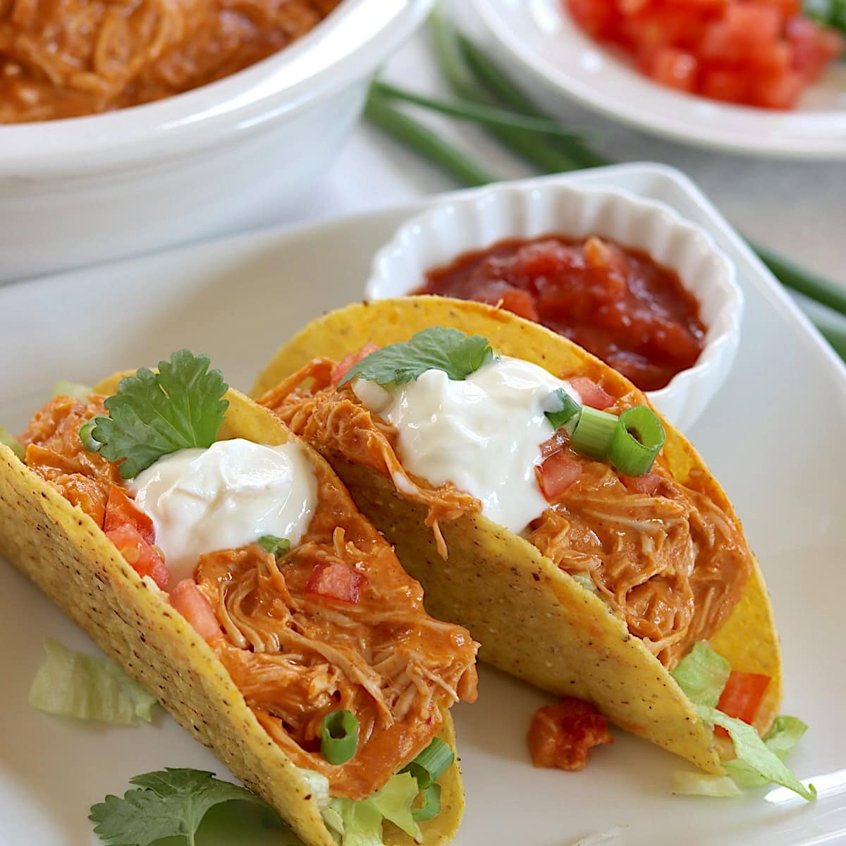 Two hard shell tacos filled with shredded queso chicken, topped with sour cream, tomatoes, and green onions on a white square plate.