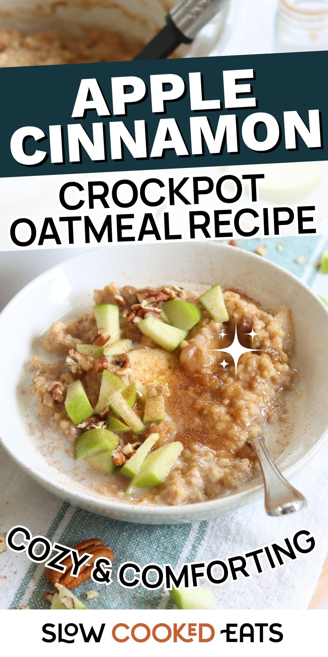 A bowl of apple cinnamon crockpot oatmeal topped with fresh apple slices and pecans. This cozy slow cooker oatmeal overnight recipe is perfect for an easy breakfast.