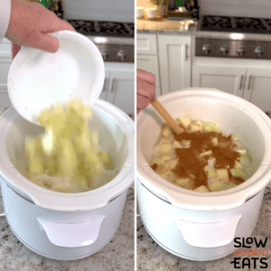 Adding in the ingredients for apple cinnamon crockpot oatmeal recipe into an oval white slow cooker.