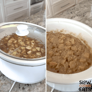 Placing the lid on an oval white slow cooker to cook apple cinnamon crockpot oatmeal recipe and removing the lid once it is cooked.
