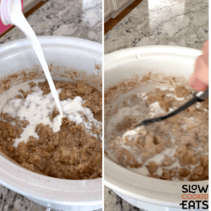Adding milk to the apple cinnamon crockpot oatmeal recipe and stirring all together with a black spoon.