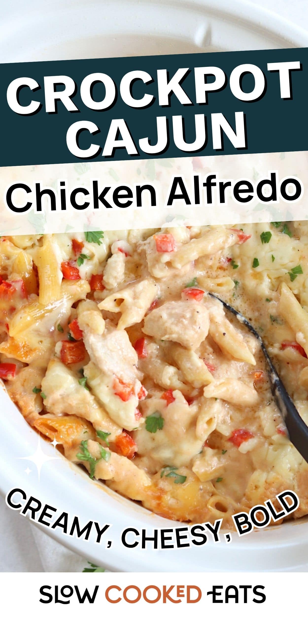 Creamy crockpot Cajun chicken alfredo pasta with penne, chicken, and peppers in a rich cheesy sauce, perfect for slow cooker Cajun chicken pasta.