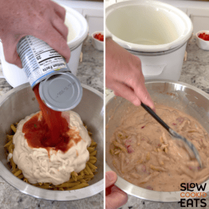 Adding the noodles, alfredo and tomatoes to a silver mixing bowl and mixing together for crockpot Cajun chicken alfredo.