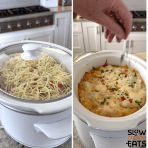 Placing the lid on the white oval slow cooker and letting it cook until the crockpot Cajun chicken alfredo is done and the cheese is melted on top.