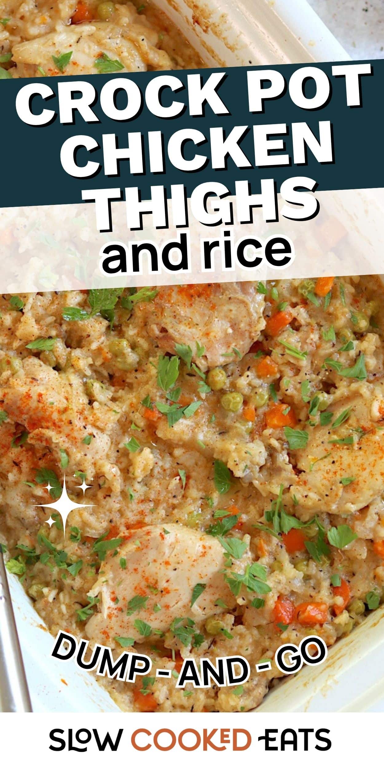 Crock pot chicken thighs and rice with vegetables in a creamy sauce, made as an easy dump and go slow cooker meal.