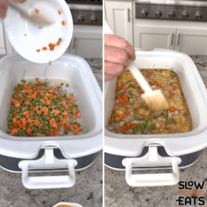 Adding all ingredients except the chicken thighs to make crock pot chicken thighs and rice to a white rectangular slow cooker and mixing it all together.