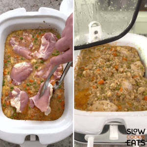 Placing the chicken thighs on top of the mixture in the white rectangular slow cooker with silver tongs and cooking the crock pot chicken thighs and rice until done, then removing the lid.