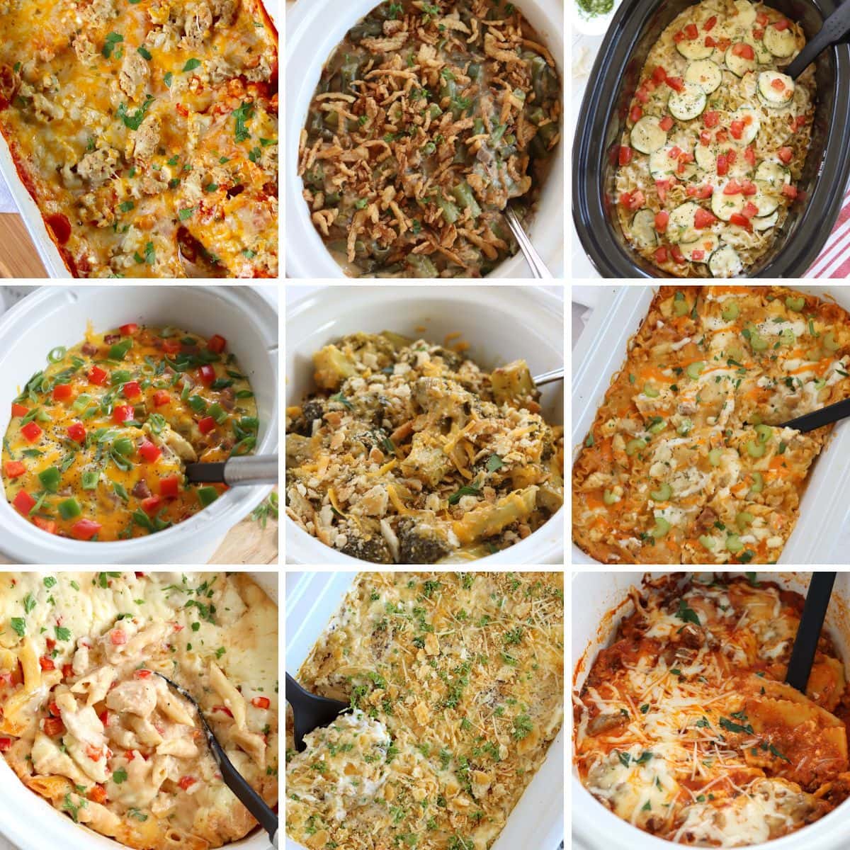Collage of 9 different crockpot casseroles.