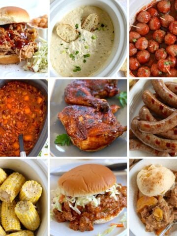 Collage of 9 images that are featured in this Memorial Day crockpot food roundup.