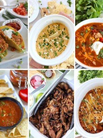 Image showing 6 Mexican recipes featured in this roundup of slow cooker Cinco de Mayo food ideas.