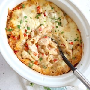 Crockpot Cajun chicken alfredo in a white oval slow cooker and a black serving spoon.