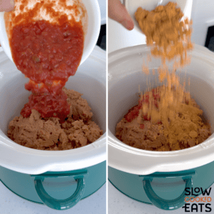 Adding the refried beans, salsa, and seasonings to a small round white crockpot