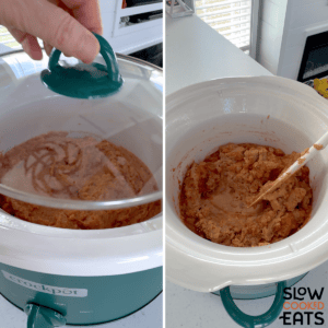 Placing the lid on the slow cooker refried beans and cooking until nearly done.