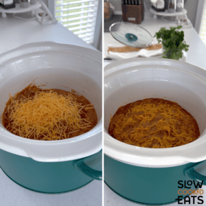 Before serving the slow cooker refried beans add shredded cheese on top of the beans and let is sit until melty.