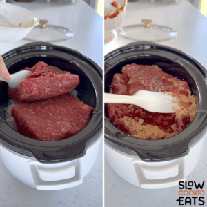Adding in the ground beef to the slow cooker for crockpot taco meat, then topping with the remaining ingredients.