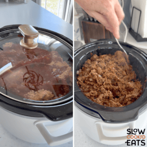 Placing the cover on the slow cooker to cook the crockpot taco meat until it is done, then mixing all ingredients together.