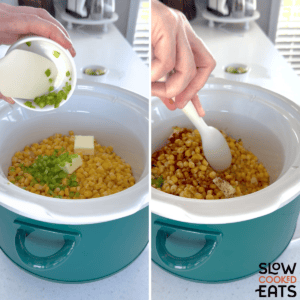 Adding corn, jalapeno, butter and spices to a white and teal slow cooker for Mexican street corn crockpot recipe.