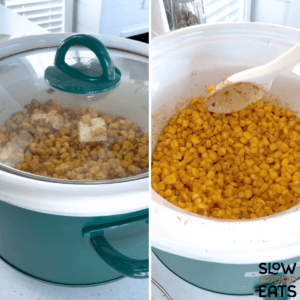 Placing the lid on the white and teal slow cooker to cook the Mexican street corn crockpot recipe and then mixing all the ingredients together.