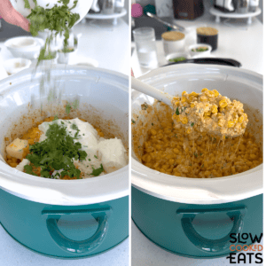 Adding the remaining ingredients for Mexican street corn crockpot recipe and then mixing everything together until well combined and the cheese and melty.