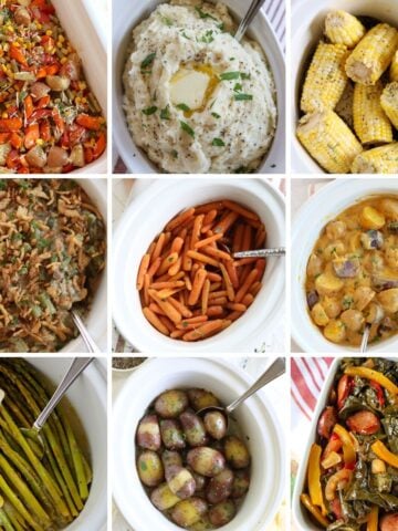 Collage of 9 crockpot side dishes.
