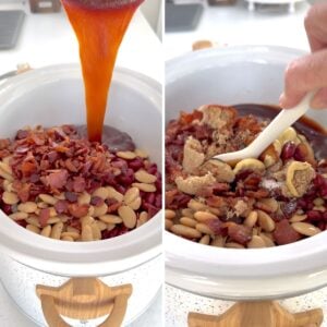 Adding brown sugar to the crockpot peach bourbon baked beans then stirring.