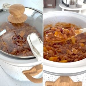 Slow cooking the crockpot peach bourbon bakes beans with the lid on.