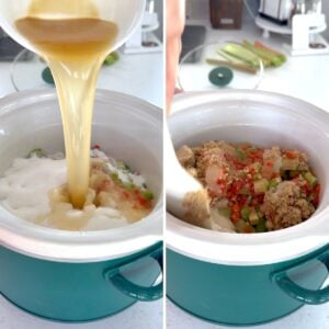 Adding slow cooker rhubarb sweet chili jam ingredients to a green slow cooker.