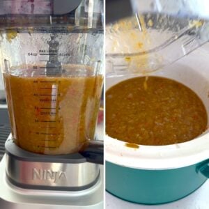 Blending the crockpot rhubarb sweet chili jam then pouring back into the slow cooker.
