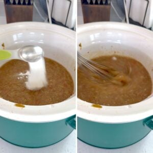 Whisking pectin into the crockpot rhubarb sweet chili jam.