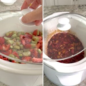 Slow-cooking strawberry-rhubarb jam in a white crockpot.