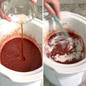 Whisking vanilla and pectin into the crockpot strawberry rhubarb jam.