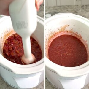 Using an immersion blender to blend the strawberry rhubarb jam crockpot recipe.