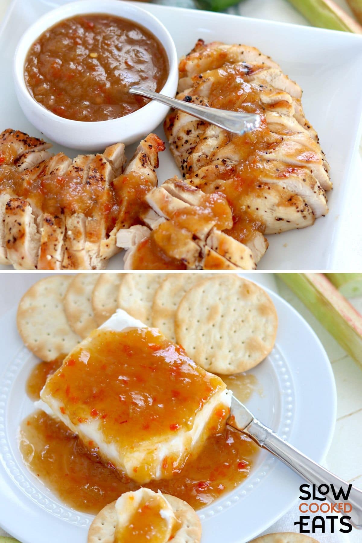 Slow cooker rhubarb sweet chili jam served over sliced grilled chicken and over cream cheese as a quick dip.