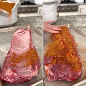 Sprinkling pork rub on baby back ribs before adding to the crockpot.