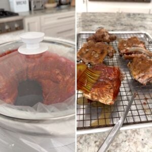 Crockpot Dr Pepper ribs cooking in a slow cooker then brushing with BBQ sauce on a sheet pan.