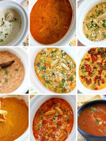 Collage of nine different dips made in the slow cooker.