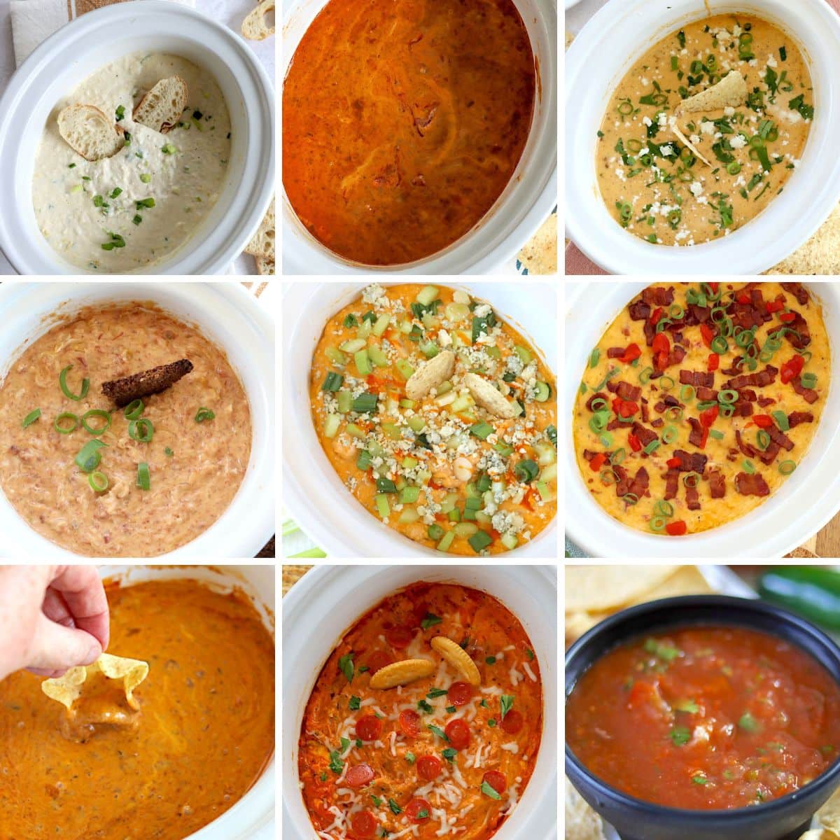 Collage of nine different dips made in the slow cooker.